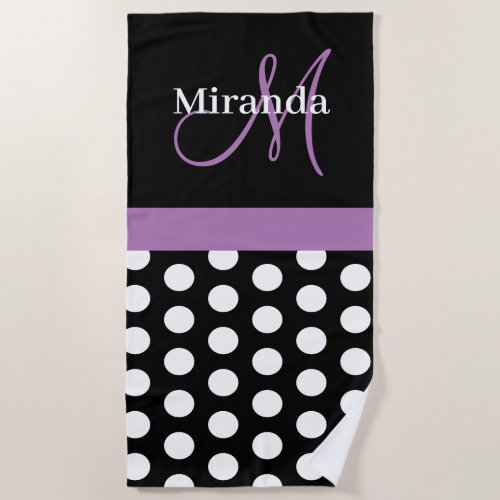 Purple Monogram Black White Polka Dot Beach Towel