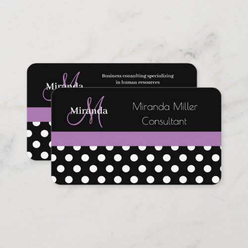 Purple Monogram Black White Polka Dot Business Card