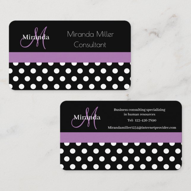 Purple Monogram Black White Polka Dot Business Card (Front/Back)