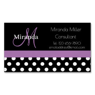 Purple Monogram Black White Polka Dot Business Card Magnet