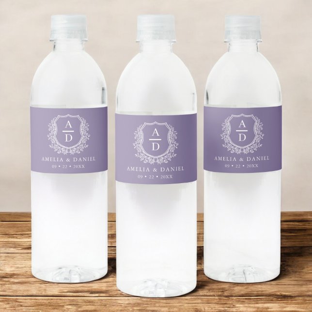 Purple Monogram Botanical Wedding Floral Crest Water Bottle Label (Creator Uploaded)