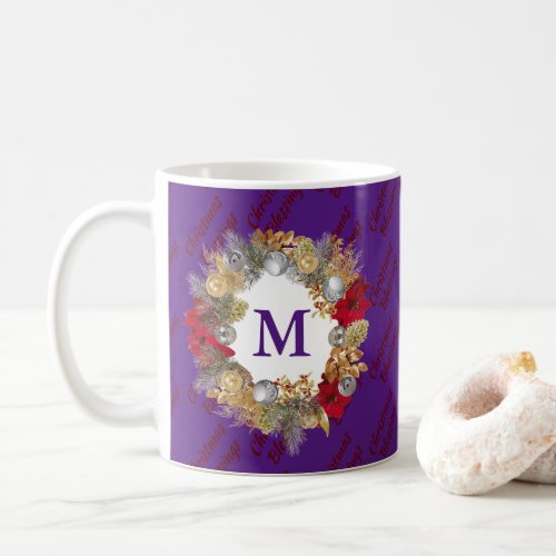 Purple Monogram Christmas Wreath Coffee Mug