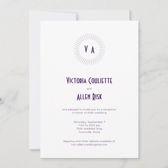 Purple Monogram Circle Minimalist Reception Invitation (Front)
