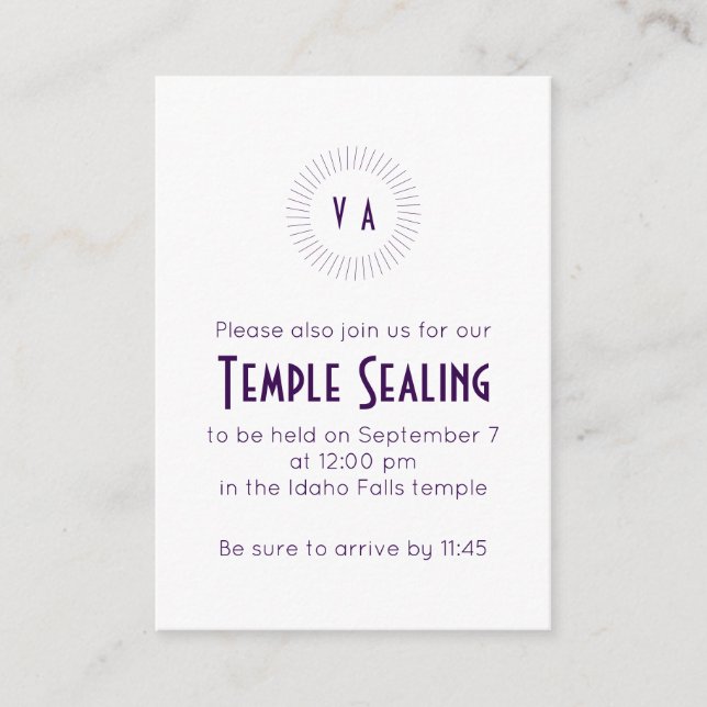 Purple Monogram Circle Temple Sealing Invitation (Front)