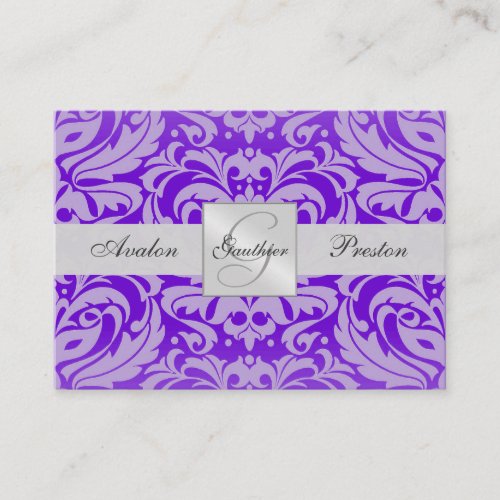 Purple Monogram Damask Wedding RSVP Card Business Card Templates