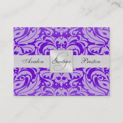 Customizable Purple Monogram Damask Wedding RSVP Card Business Card Templates