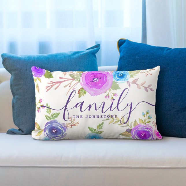 Purple monogram floral watercolor family script lumbar pillow (Creator Uploaded)