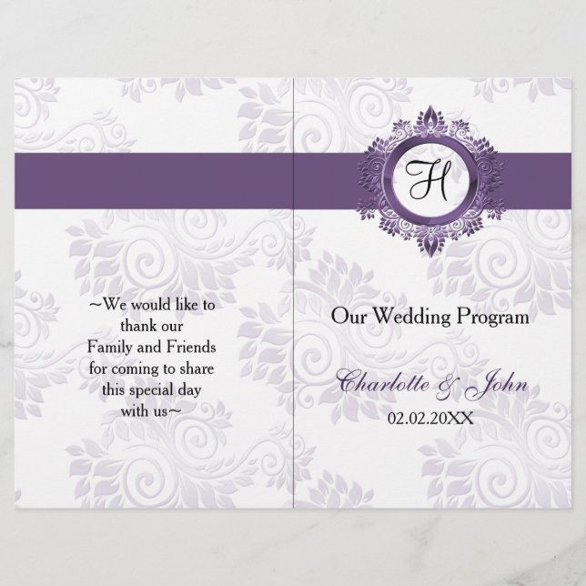 purple monogram folded Wedding program (Front)