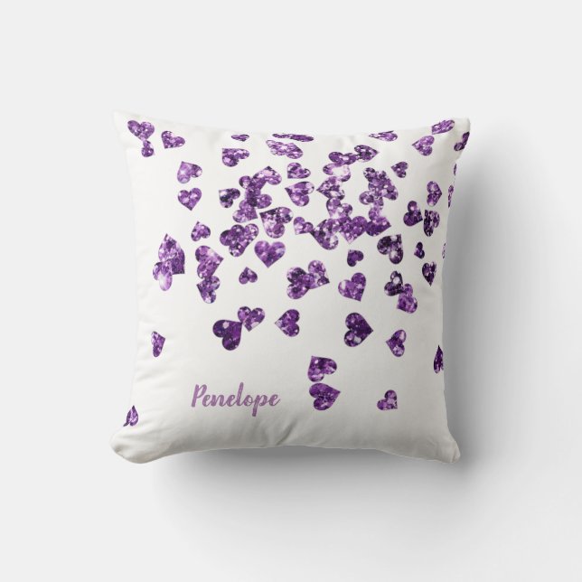 Purple Monogram Glitter Hearts Girly Throw Pillow (Front)