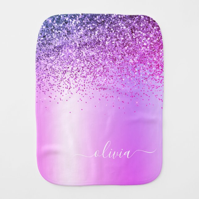 Purple Monogram Glitter Sparkle Girly Script Baby Burp Cloth (Front)