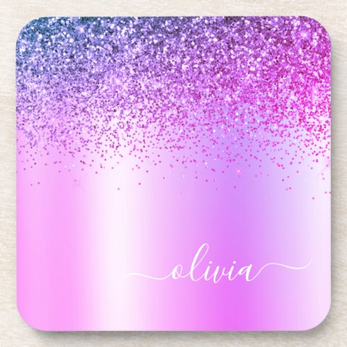 Purple Monogram Glitter Sparkle Girly Script Beverage Coaster
