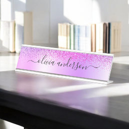 Purple Monogram Glitter Sparkle Girly Script Desk Name Plate