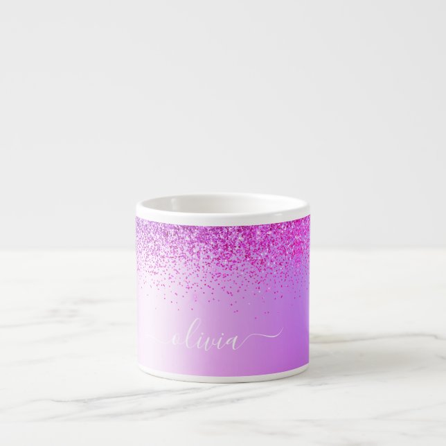 Purple Monogram Glitter Sparkle Girly Script Espresso Cup (Front)