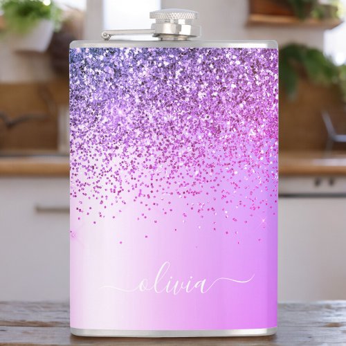 Purple Monogram Glitter Sparkle Girly Script Flask