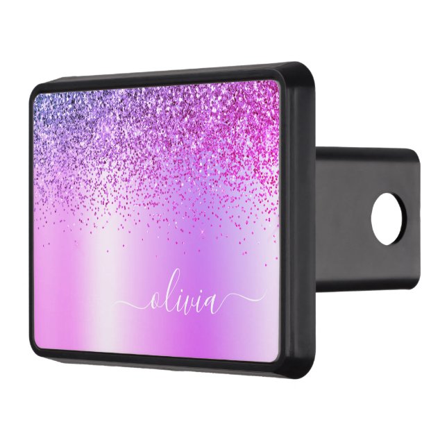 Purple Monogram Glitter Sparkle Girly Script Hitch Cover (Left)