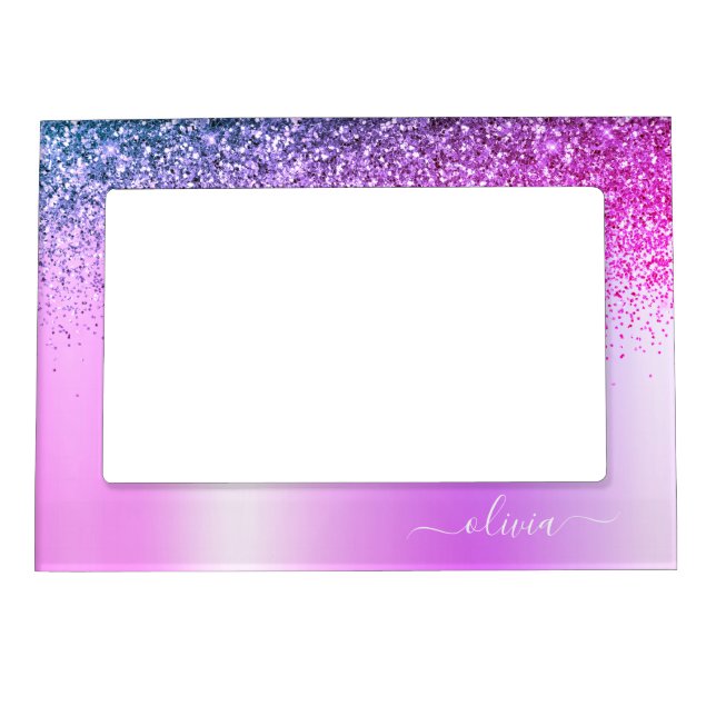 Purple Monogram Glitter Sparkle Girly Script Magnetic Frame (Front)