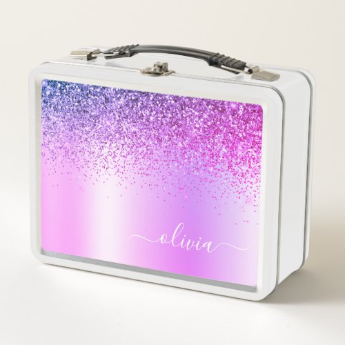 Purple Monogram Glitter Sparkle Girly Script Metal Lunch Box
