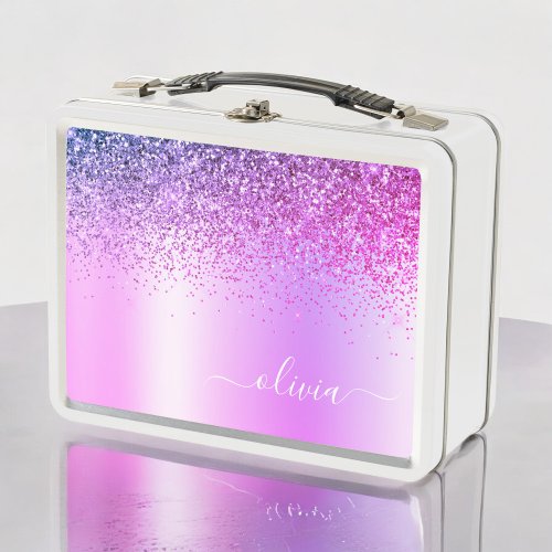 Purple Monogram Glitter Sparkle Girly Script Metal Lunch Box