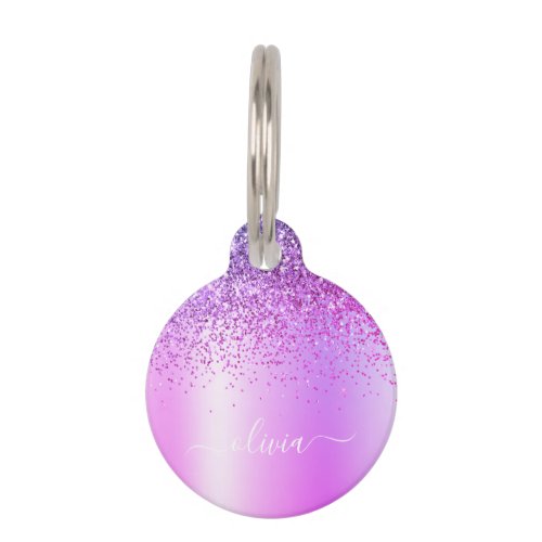 Purple Monogram Glitter Sparkle Girly Script Pet ID Tag