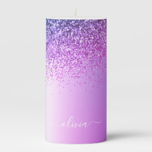 Purple Monogram Glitter Sparkle Girly Script Pillar Candle