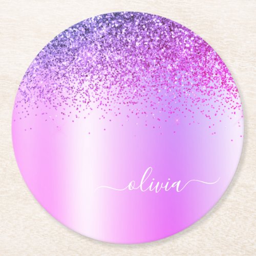 Purple Monogram Glitter Sparkle Girly Script Round Paper Coaster