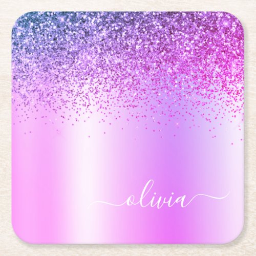 Purple Monogram Glitter Sparkle Girly Script Square Paper Coaster