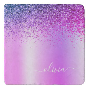 Purple Monogram Glitter Sparkle Girly Script Trivet