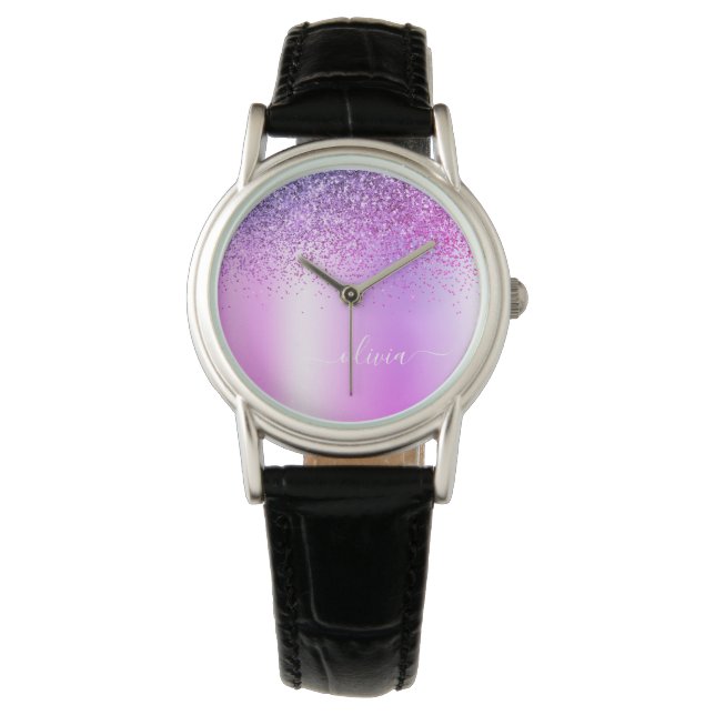 Purple Monogram Glitter Sparkle Girly Script Watch (Front)