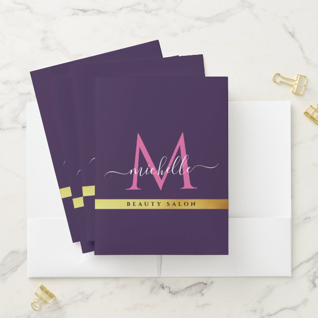 purple monogram gold stripe pocket folder (In Situ)