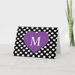 Purple Monogram Heart and White Hearts Pattern Note Card