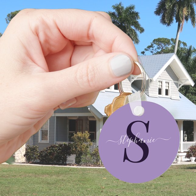 Purple Monogram Initial  First Name Simple Classic Keychain (Creator Uploaded)