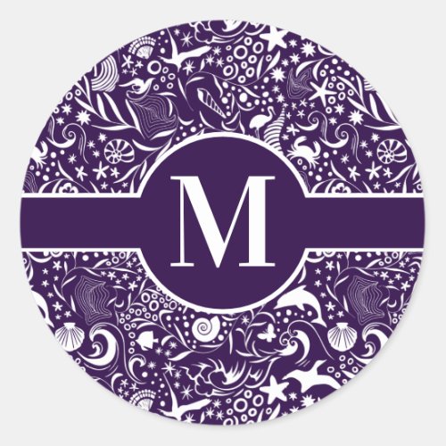 Purple Monogram Initial Ocean Pattern Classic Round Sticker