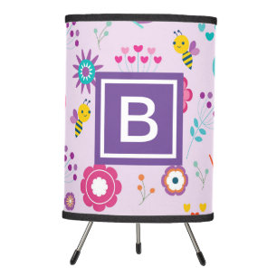 Purple Monogram Kids Floral Bee Pattern Tripod Lamp