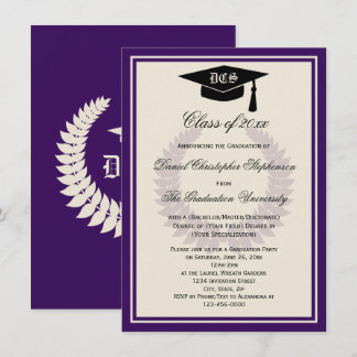 Purple Monogram Laurel Classic College Graduation Invitation