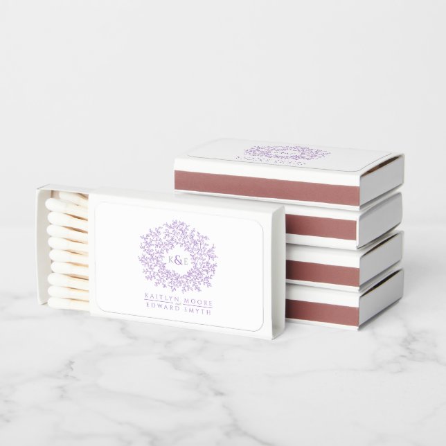 Purple monogram leaf drawing initials wedding matchboxes (Stacked)
