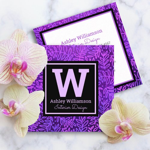 Purple monogram leaf pattern botanical bold modern square business card
