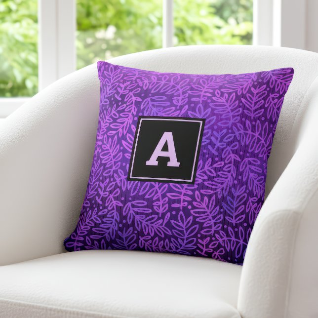Purple monogram leaf pattern foliage bold modern throw pillow (Creator Uploaded)