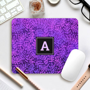 Purple monogram modern foliage leaves pattern mouse pad