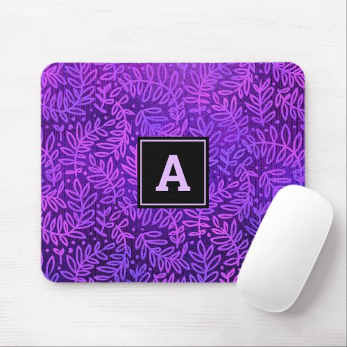 Purple monogram modern foliage leaves pattern mouse pad