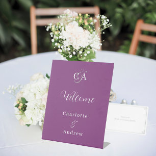 Purple monogram modern simple wedding welcome pedestal sign
