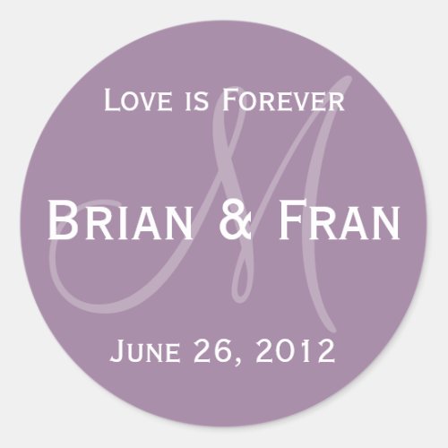 Purple Monogram Modern Wedding Favors Classic Round Sticker