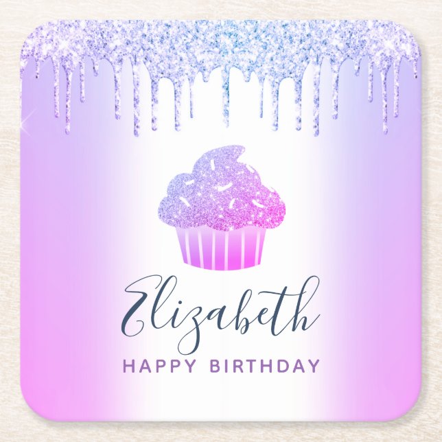 Purple monogram name cupcake glitter drips script square paper coaster (Front)