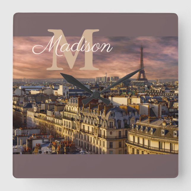Purple Monogram Paris France Eiffel Tower Photo Square Wall Clock (Front)