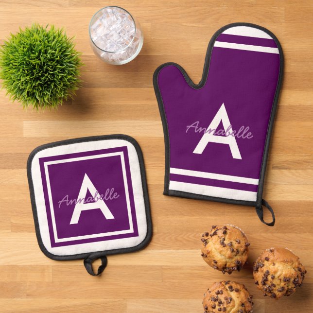Purple Monogram Personalized Oven Mitt & Pot Holder Set (Top Down)