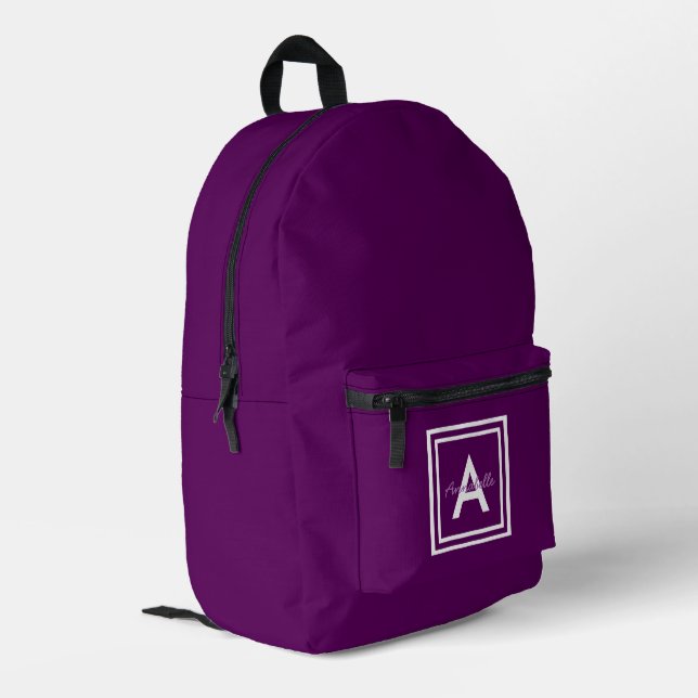 Purple Monogram Personalized Printed Backpack (Back Corner Left)