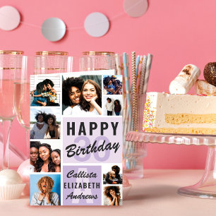 Purple Monogram Photo Collage Happy Birthday Card