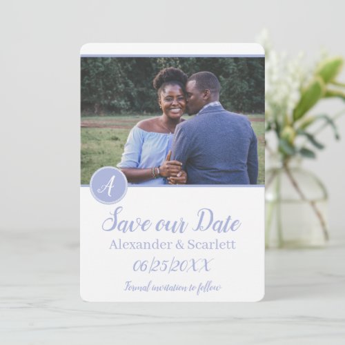 Purple Monogram Photo Save The Date Announcement