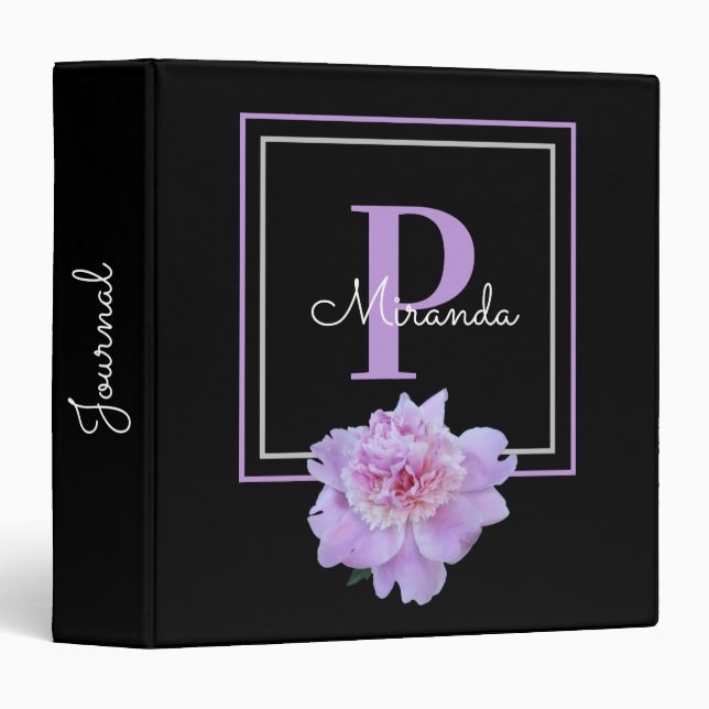 Purple Monogram Pink Peony Flower Black 3 Ring Binder (Front/Spine)