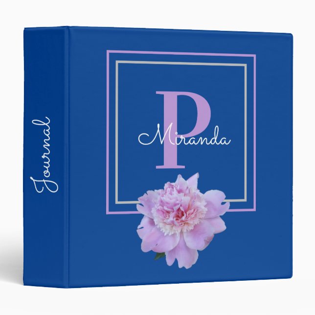 Purple Monogram Pink Peony Flower Blue 3 Ring Bind Binder (Front/Spine)