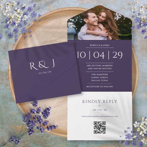 Purple Monogram QR Code Photo Wedding Date All In One Invitation